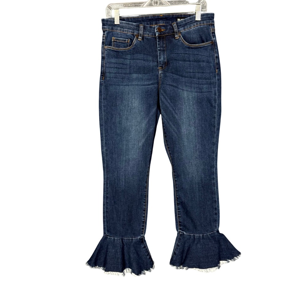 Blank NYC Jeans Women 30 Blue Ruffle Hem Dark Wash Cropped Flare Raw Edge Denim